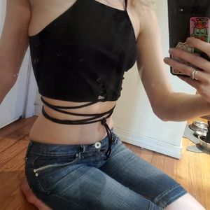 Crosstie crop top, Astonishing Power, Black knit.